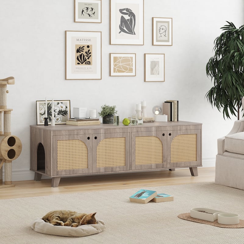 Anmytek Cat Litter Box Enclosure TV Stand Rattan Modern Hidden Furniture Console for Living Room