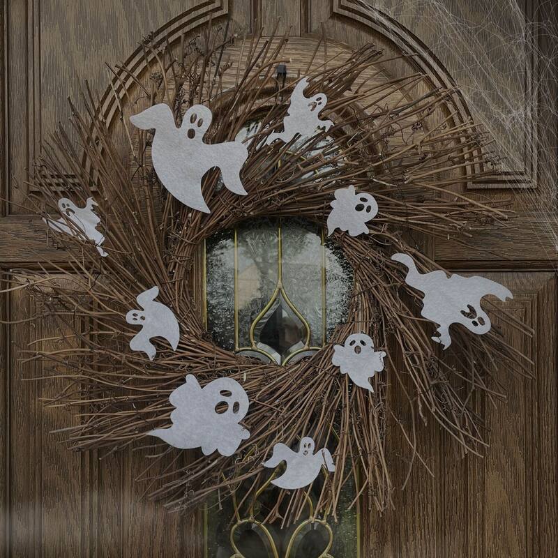 Haunted Hill Farm 20-In. Battery-Operated Natural Twig Wreath with LED Lights and Spooky Ghosts
