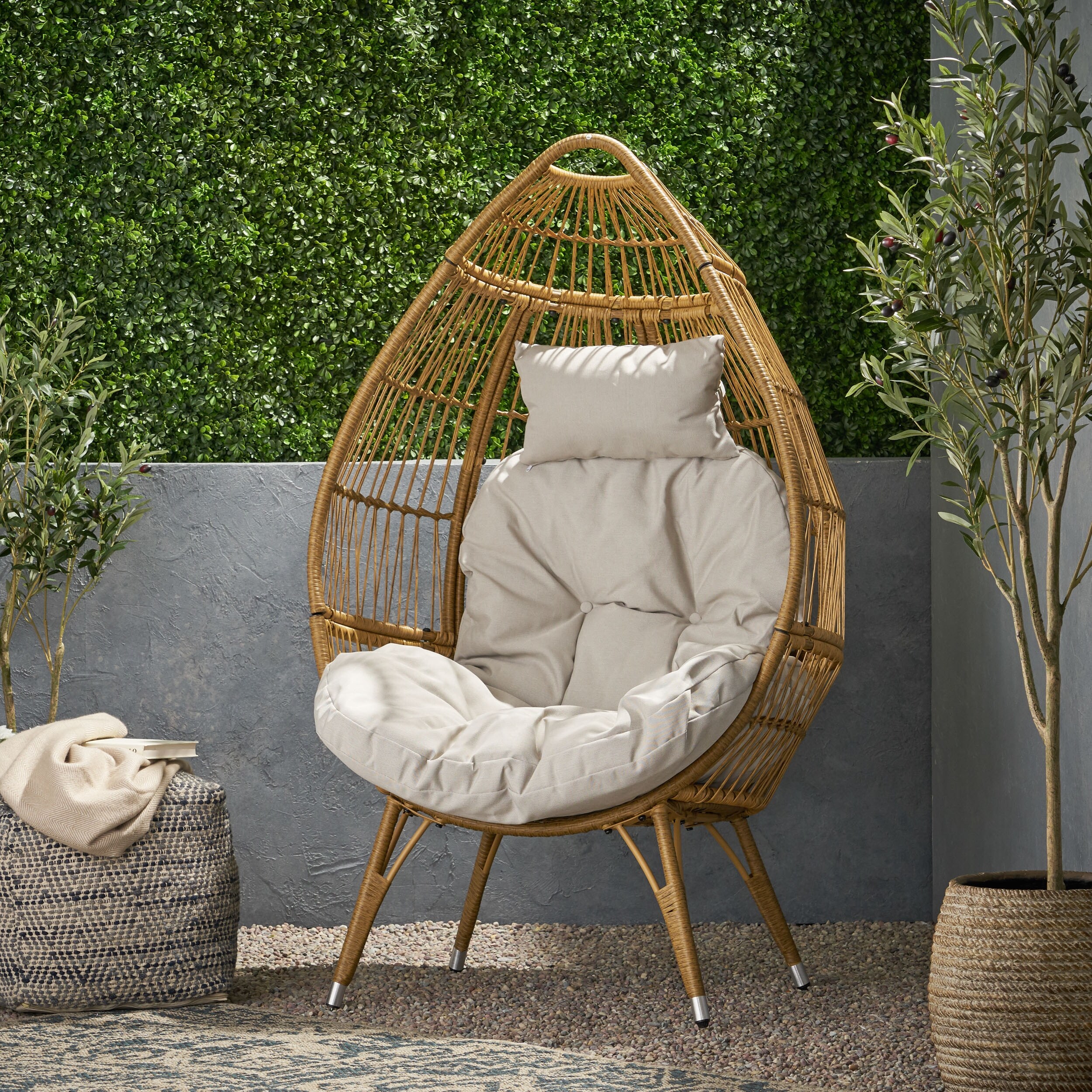 Outdoor Teardrop Wicker Lounge Chair Patio Rattan Egg Chair with Beige Water resistant Cushion for Living Room Courtyard Bed Bath Beyond 40648635