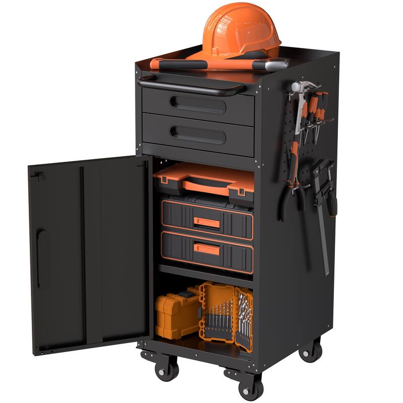 34.3" Narrow Rolling Tool Cabinet - Space-Saving Garage Storage with Lockable Door, 2 Drawers and Large Handle
