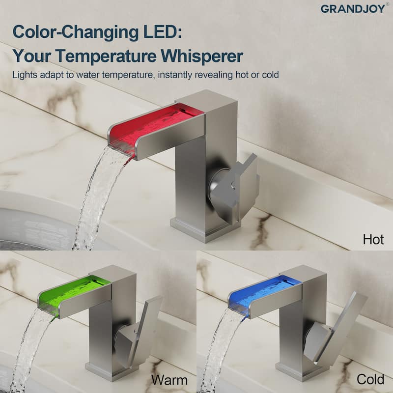GRANDJOY LED Waterfall Bathroom Sink Faucet with Drain Assembly, Single Handle Vanity Fixture