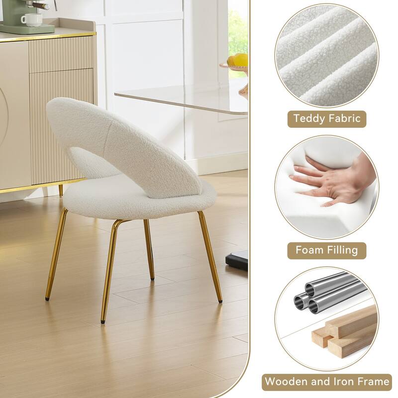 Set of 1 Teddy Fabric Dining Chairs With Curved Backrest and Golden Metal Legs for Kitchen or Dining Room ,White