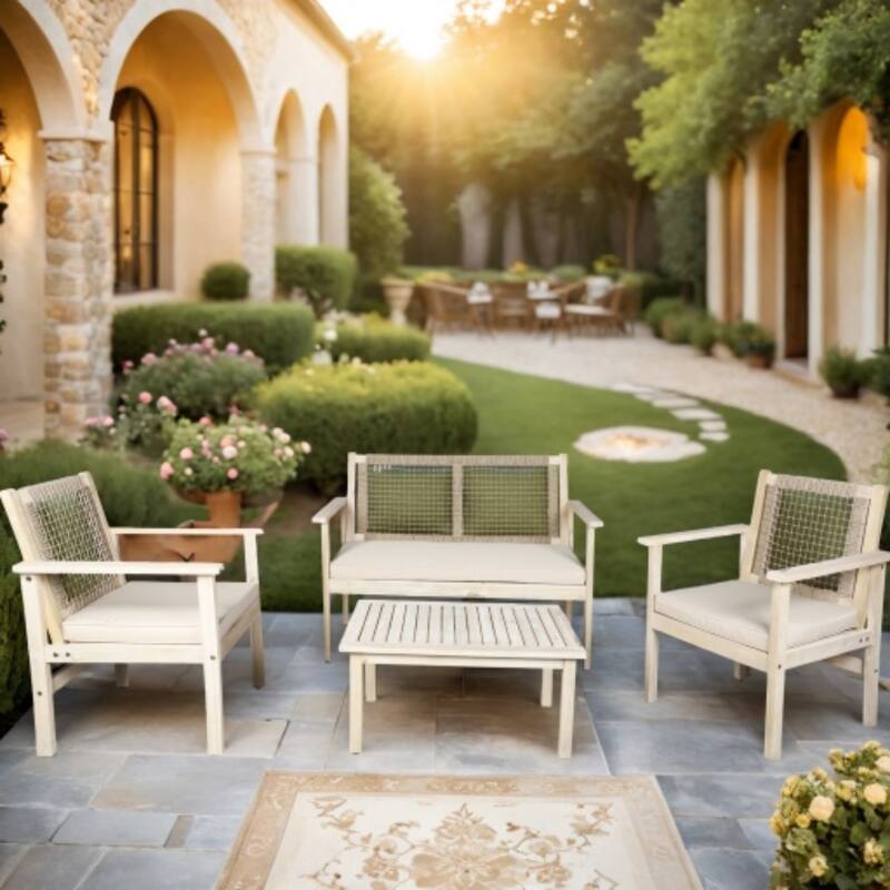 4-Piece Outdoor Acacia Wood Conversation Sets with Coffee Table - Beige