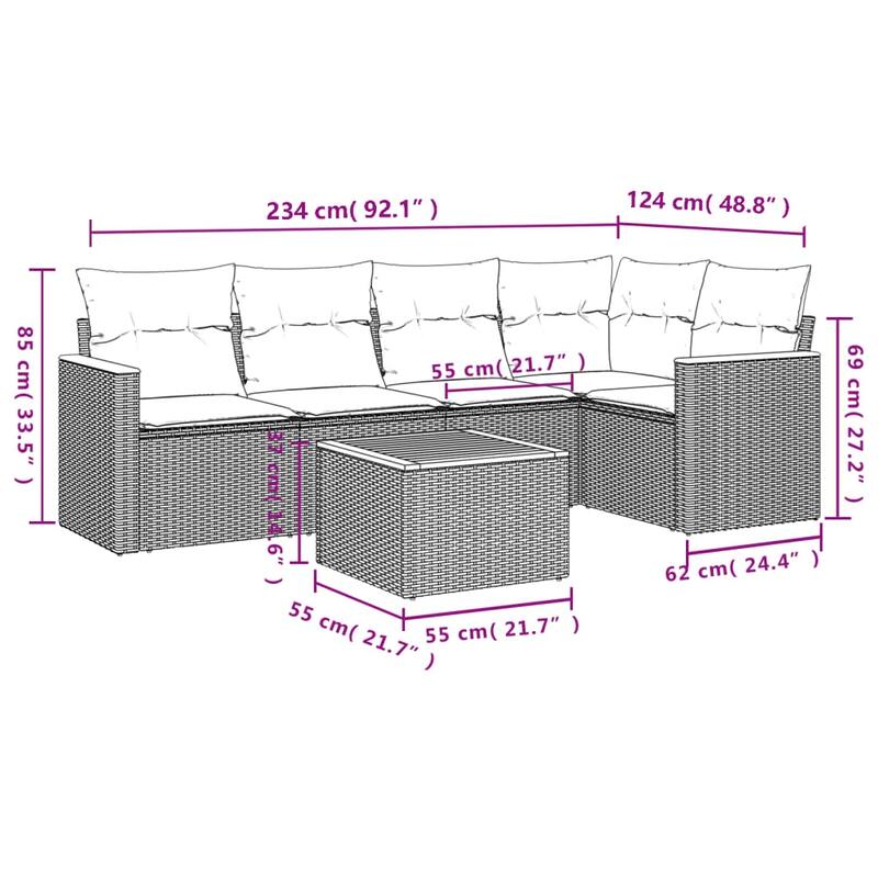 vidaXL 6 Piece Patio Sofa Set with Cushions Black Poly Rattan