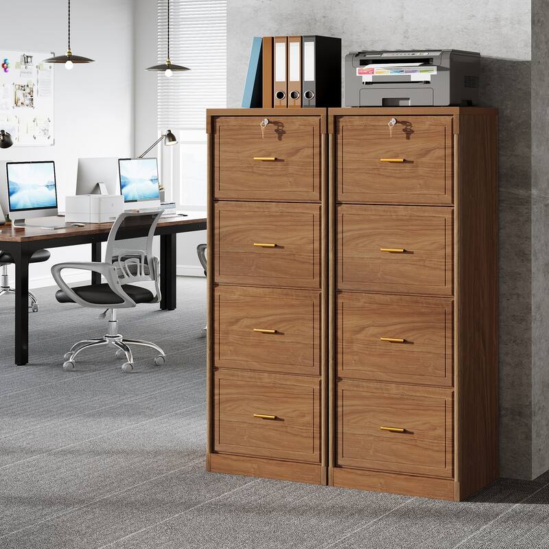 4-Drawer File Cabinet with Lock and Key, Vertical Wooden Filling Cabinet for A4/Letter/Legal Size Files - Brown(2Pcs)