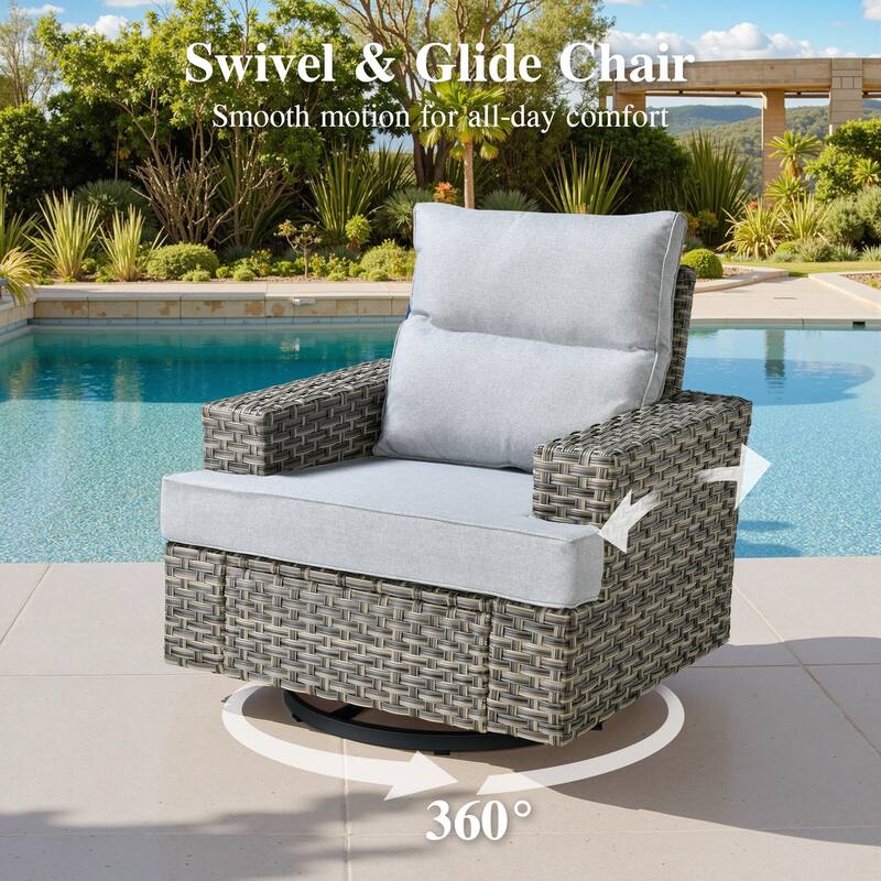 OVIOS 9 Pieces T shaped Seat Wide Armrest Swivel Chair Set With Solar-Powered Coffee Table