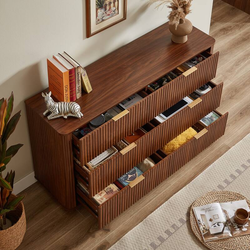 6 Drawers Dresser,55" Wide Modern Chest Of Drawers Curved Wave Design, Dresser Tv Stand, Wood Drawer Organizer