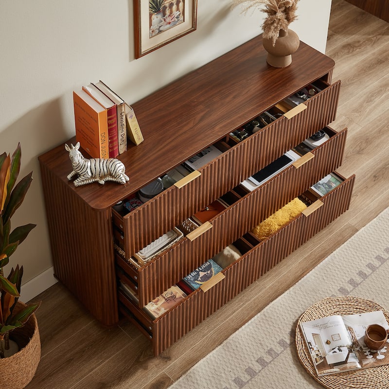 Fluted Dresser with 6 Drawers, Curved Wooden Storage Dressers TV Stand, Multi-functional Closet Clothes Storage Organizer