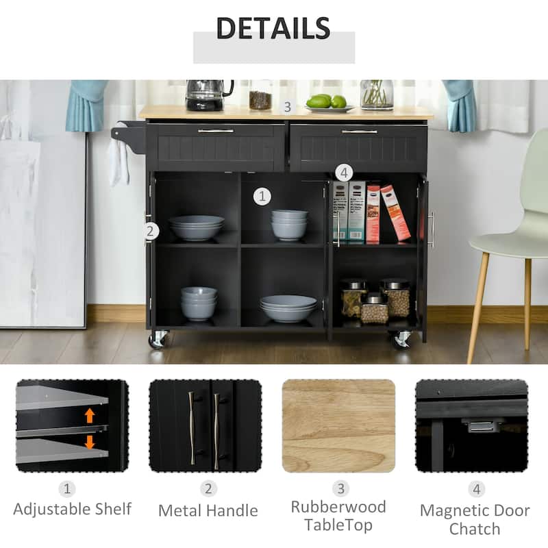 Mobile Kitchen Island on Lockable Wheels, Rolling Storage Trolley with Wood Top, Adjustable Shelves, 2 Drawers & 3 Door Cabinet