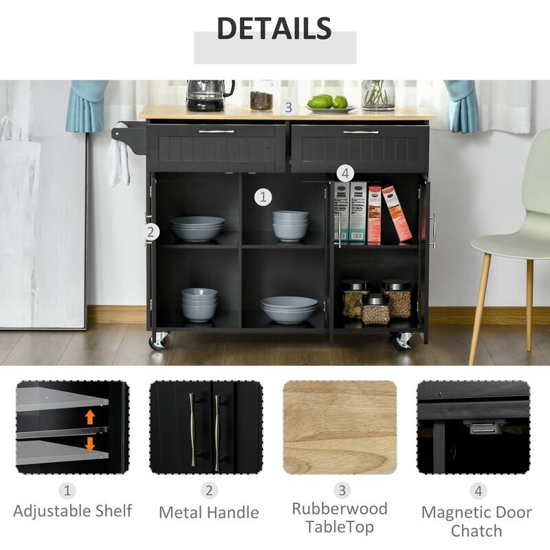 Mobile Kitchen Island with Storage, Kitchen cart with Wood Top, Storage Drawers, 3-door Cabinets, Adjustable Shelves