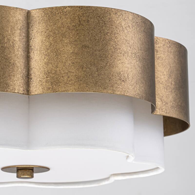 13.8" W Mid-Century Modern Tiered Flower/Circluar Drum Ceiling Light in Distressed Stain Gold with White Fabric Shade