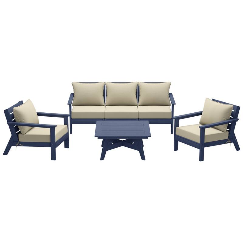 Birchwood All Weather HDPE Outdoor Patio Navy Blue Deep Seating Conversation Set (6-Piece Set)