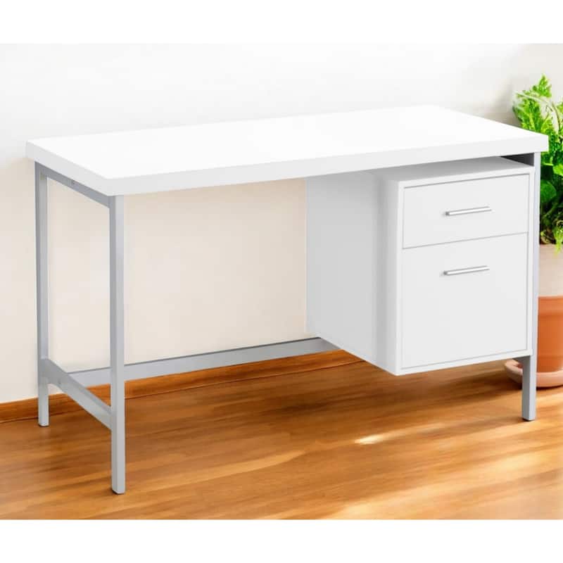 Contemporary Rectangular Office Desk with 2 Drawers and Pedestal Base Ideal for Home Office or Study - White-Silver