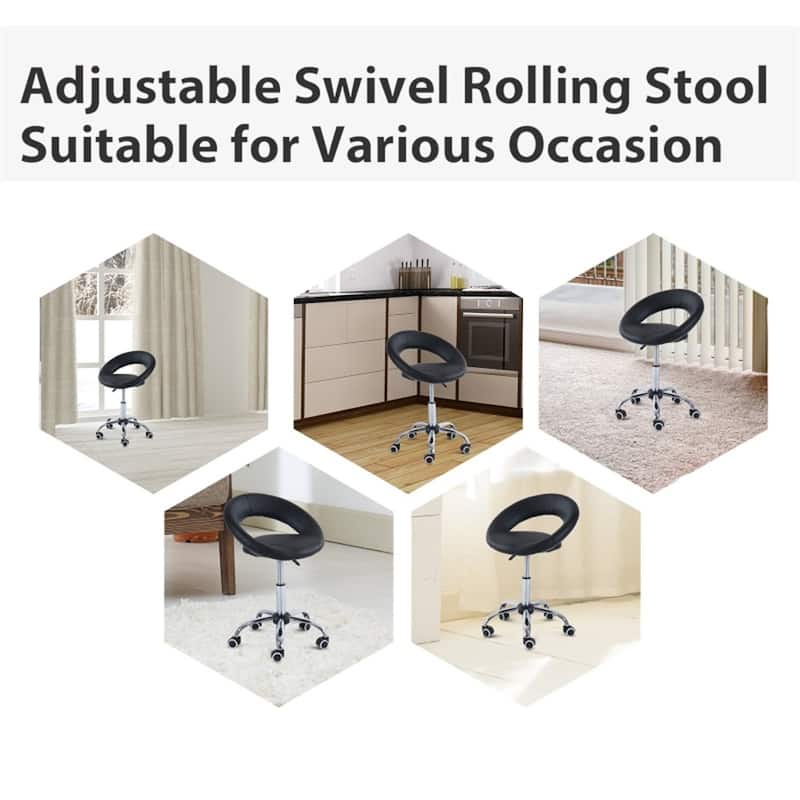 Black Faux Leather Round Ottoman Stool with Adjustable Height and Rolling Casters for Salon Studio and Office Use