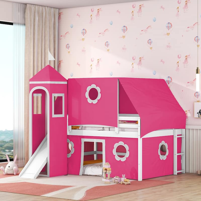 Playhouse Low Loft Bed with Slide, Pink Tent and Tower, Solid Pinewood Floor Bunk Bed Frame, Wooden Slats Support