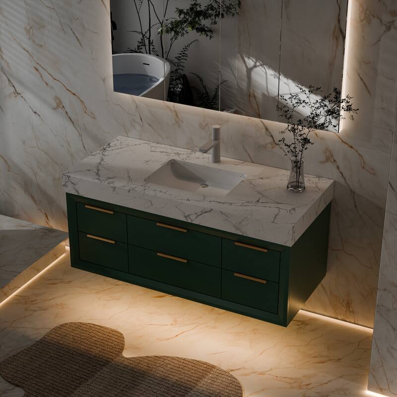 Modland 48" Modern Floating Bathroom Vanity with Single Sink, Soft-Close Drawers, White Stone Countertop