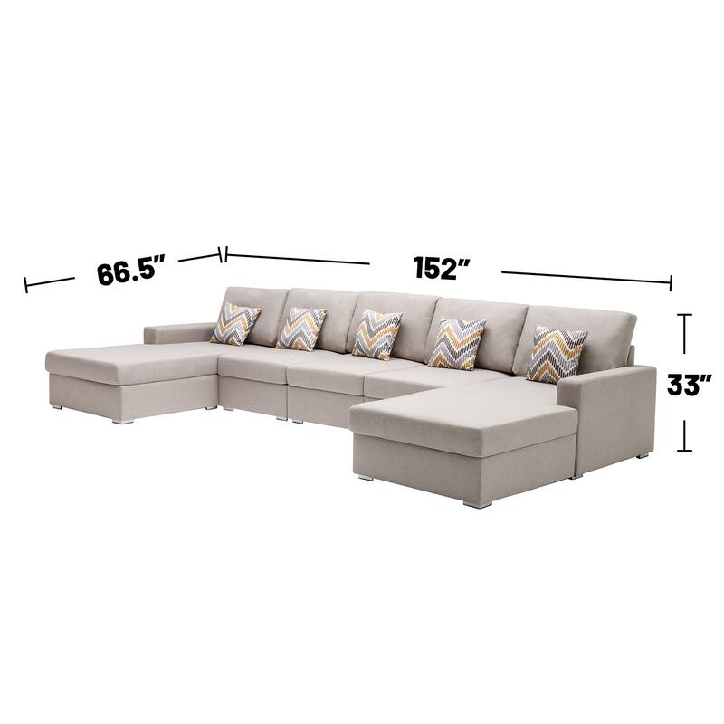 Linen Fabric 5 Piece Double Chaise Sectional Sofa with Pillows and Interchangeable Legs