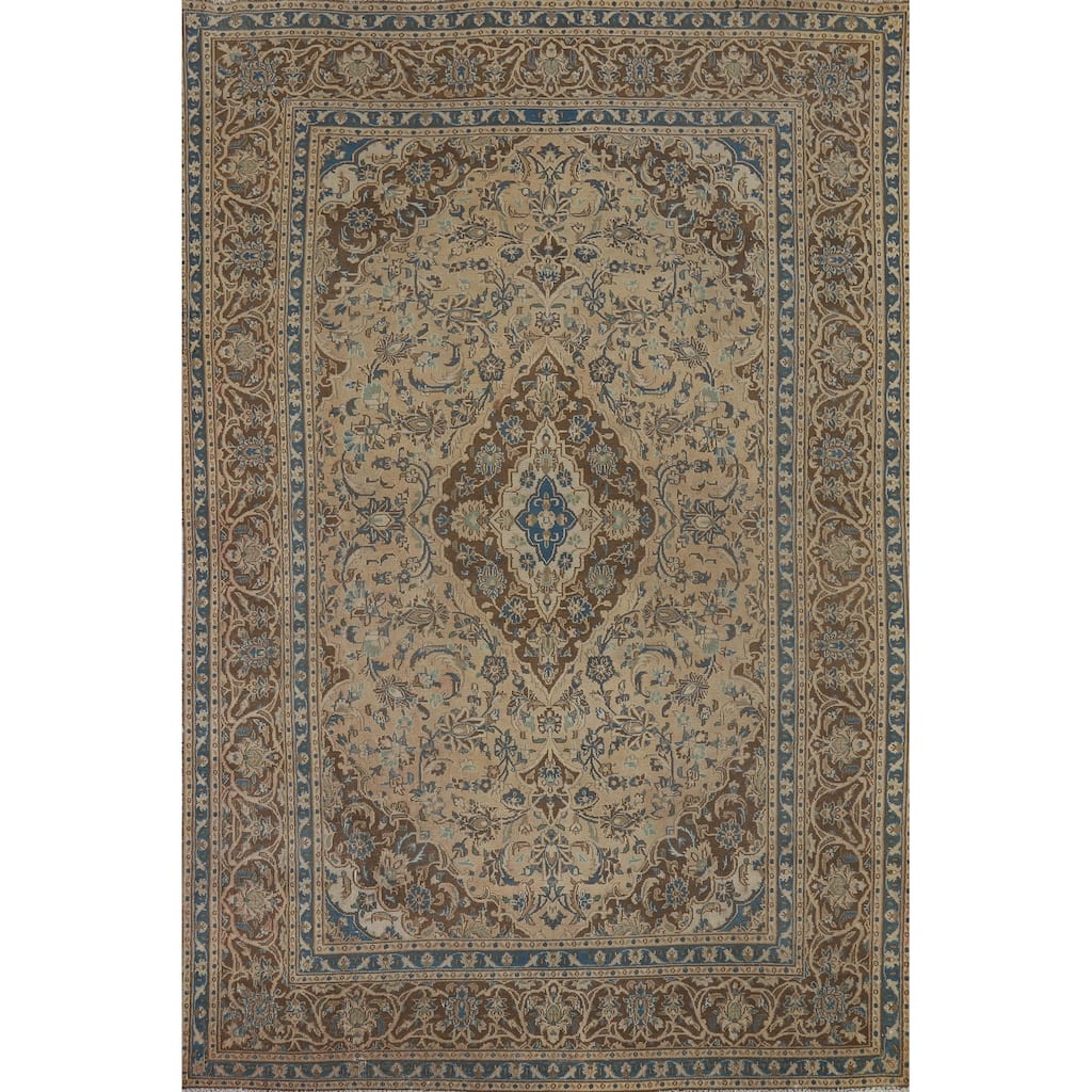 Traditional Floral Mashad Vintage Persian Rug Hand-Knotted Wool Carpet - 6'1" x 9'4"