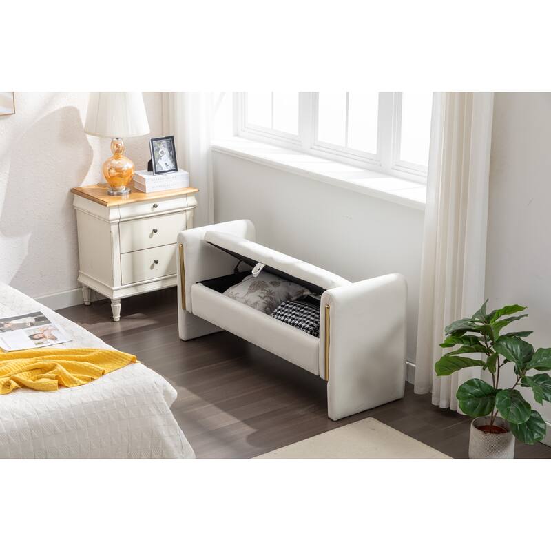53" Modern Storage Bench with 300lb Seating, Velvet Upholstered Bed Bench with Wood Legs Safety Hinge