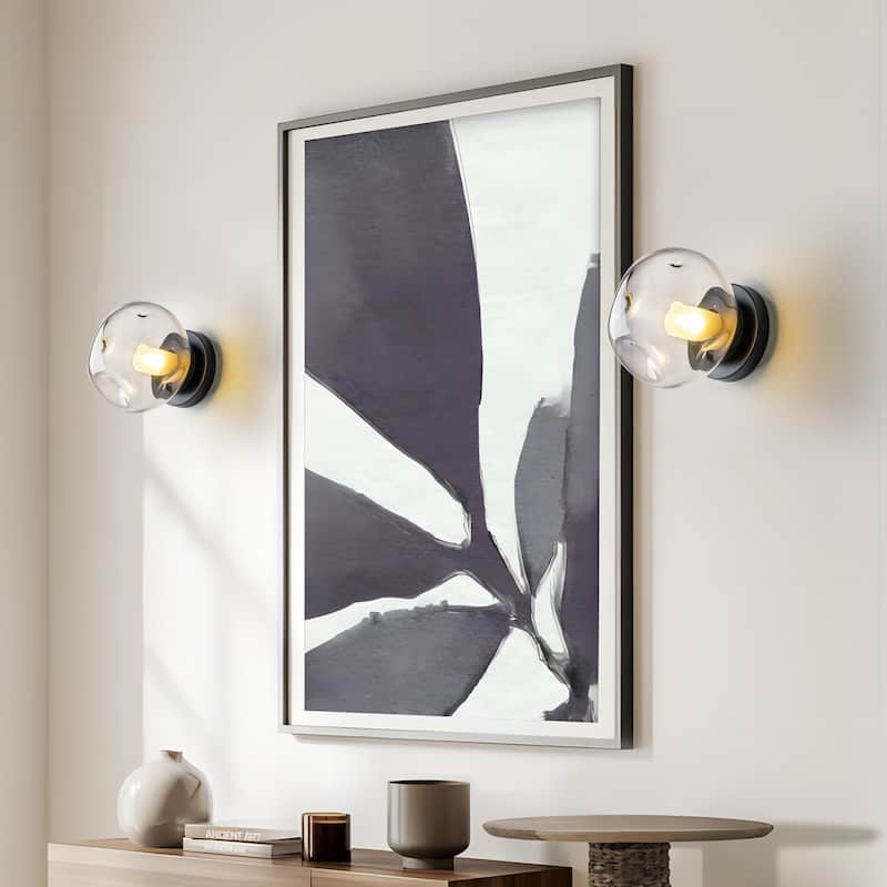 7.1" W Mid-Century Modern Matte Black Wall Sconce with Hand-Blown Smoked Gray/Pink Glass Shade for Bathroom, Staircase