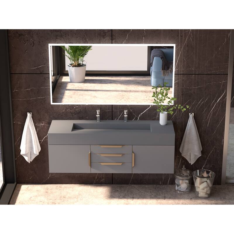 Nile 60" Wall Mounted Bathroom Vanity Set with Gray Solid Surface Top
