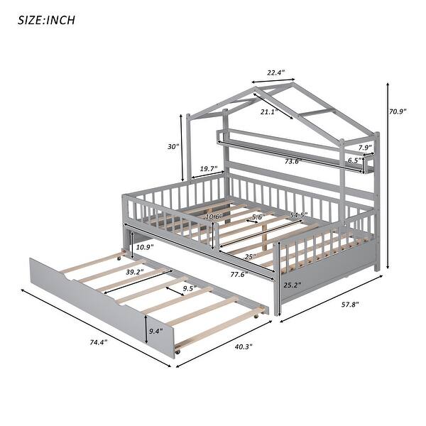 dimension image slide 3 of 4, House Bed with Trundle Bed and Shelf, Wooden Platform Bed Frame with Full Length Guardrail and Roof