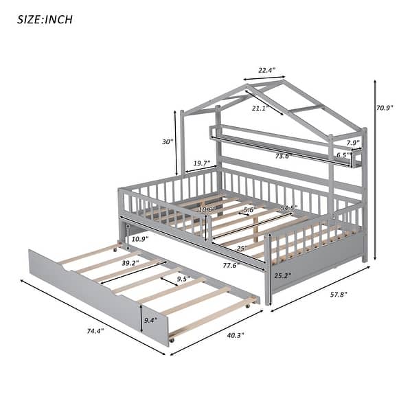 dimension image slide 3 of 4, Wood Slat Support Roof House Bed Frame with Pull-out Trundle Bed, Side 2 Shelves Storage Platform Bed, Kids Panel Bed