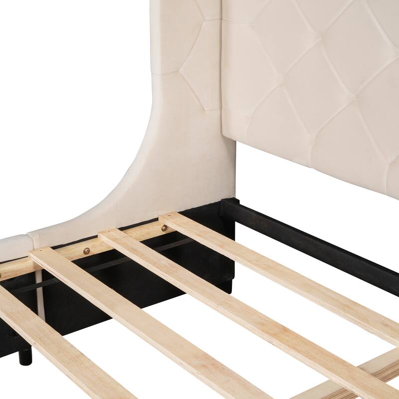 Velvet Upholstered Bed Platform Bed Frame Queen Size Wingback Bed with Tufted Headboard and Large Storage Drawer
