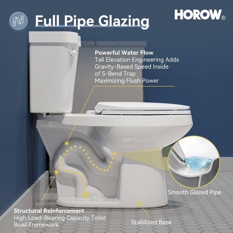 HOROW 2 Piece ADA Height Single Flush Elongated Toilet White 1.28 GPF Strong Flush Soft Close Seat - 17 Inch