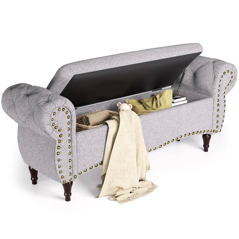 53" Length Upholstered Bench, Ottoman with Safety Hinge and Rolled Arm