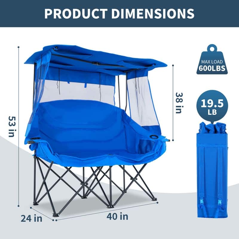 Double Beach Chair with Canopy Shade, Cup Holder and Side Pocket