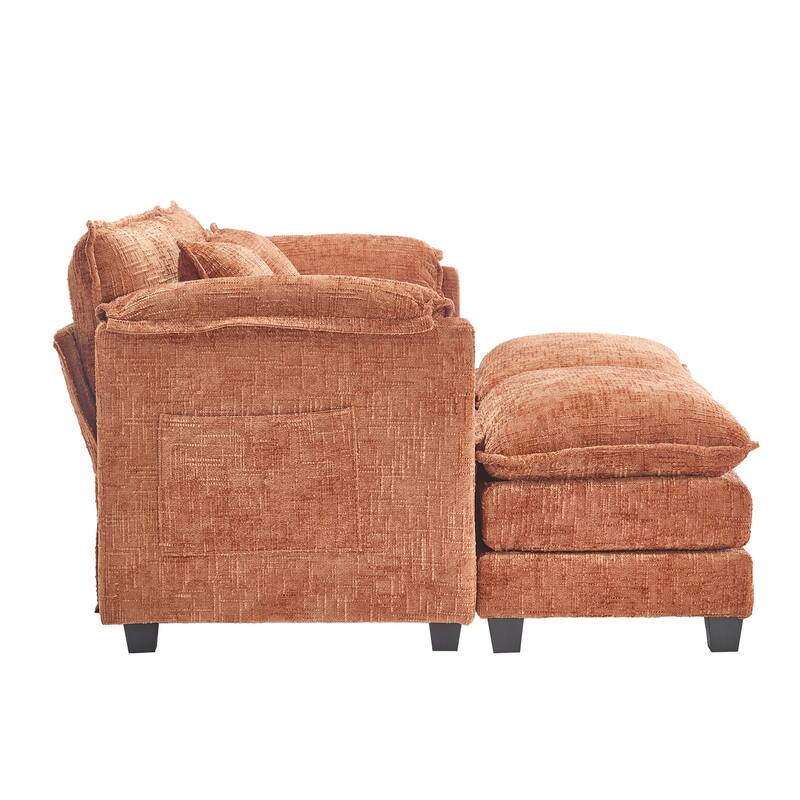 Chenille Sleeper Sofa Bed Deep Seat Loveseat Sectional Couch with Ottomans Chaise Lounge, Detachable Armrests and Side Pockets