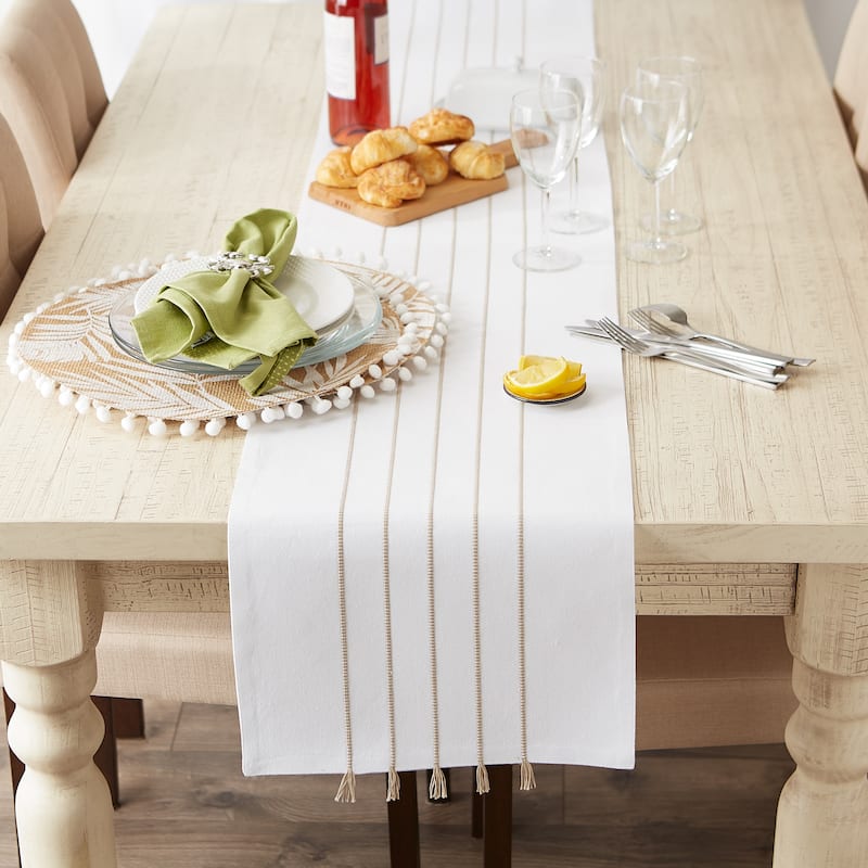 Gray and White Stripe Tassel Table Runner 14x72