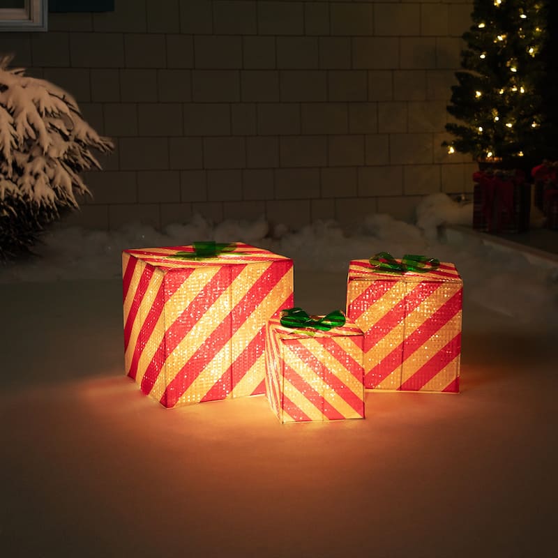 Lighted Candy Cane Striped Gift Box Outdoor Christmas Decoration - 12" - Red and White - Set of 3