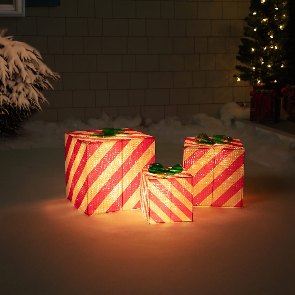 Lighted Candy Cane Striped Gift Box Outdoor Christmas Decoration - 12" - Red and White - Set of 3