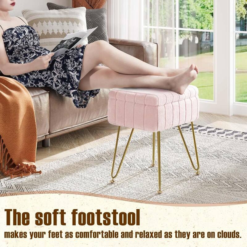 Vanity Stool Chair with Storage, Ottoman Boucle Soft Padded Makeup Footstools Seat 1PCS - 12.2"D x 16"W x 18.9"H