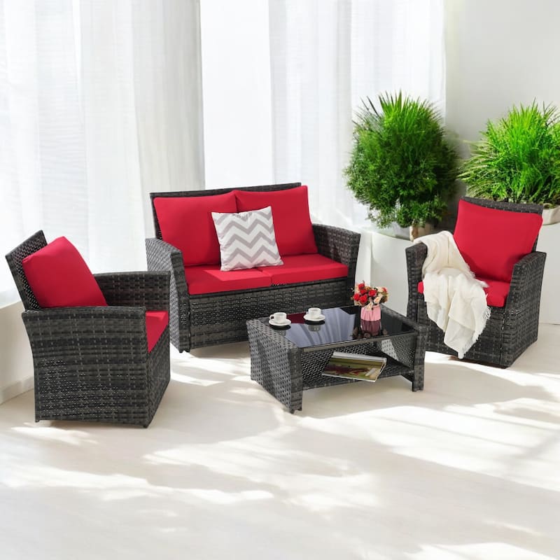 4-Piece Outdoor Patio Furniture Set, Garden Wicker Sofa with Poolside Lawn Chairs, Red Cushions, All-Weather Modular Design