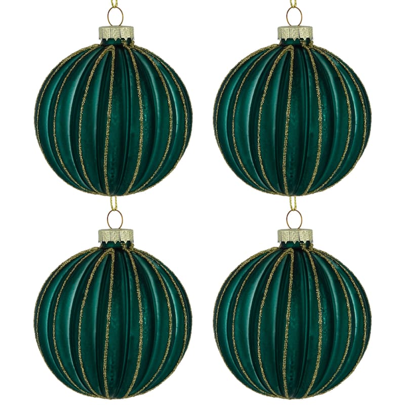 Glitter Ribbed Lined Glass Christmas Ball Ornaments - 3" (80mm) - Green and Gold - 4ct