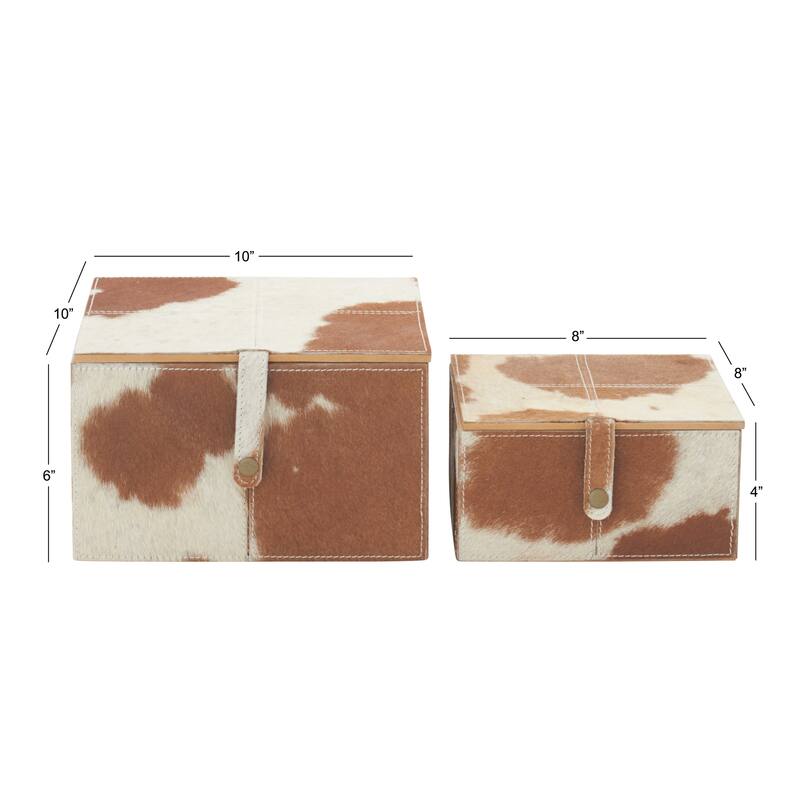 Leather Handmade Decorative Box with Hinged Lid - Set of 2 Gray, Brown, Dark Brown, Gold, Silver - Roche River Decor