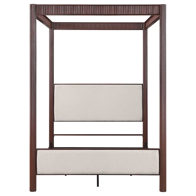 89-Inch Metal Eastern King Canopy Bed, Rust Brown Finish, Upholstered Headboard Panels, Stylish Bedroom Focal Point