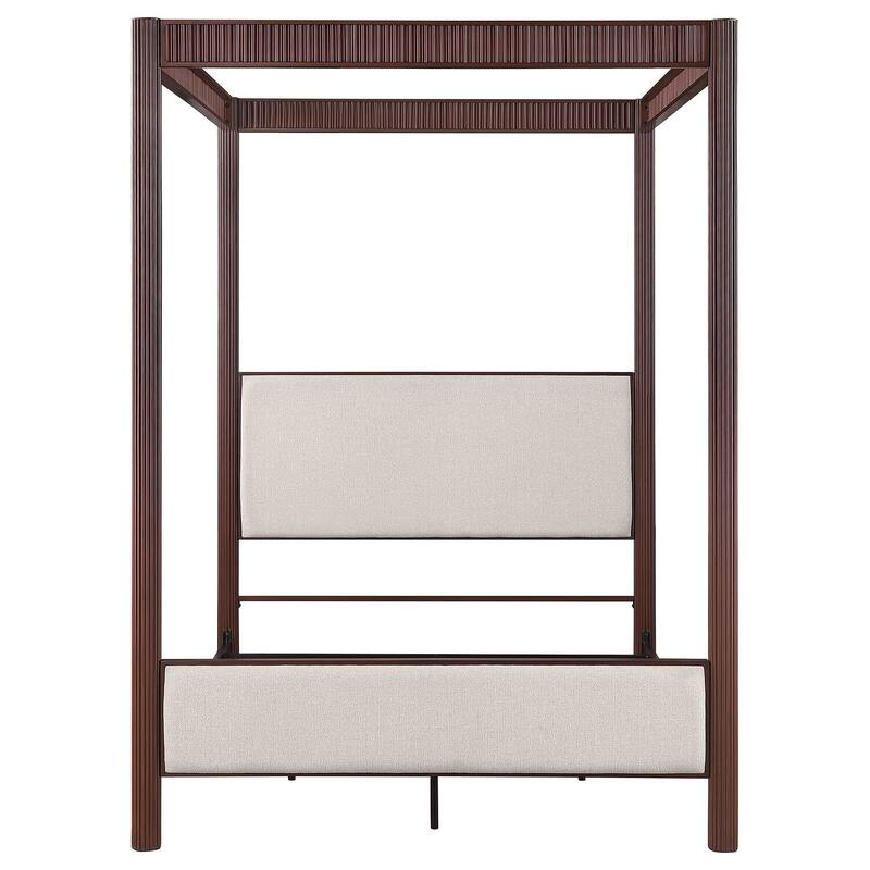 89-Inch Metal Queen Canopy Bed, Rust Brown Finish, Upholstered Panels, Modern Industrial and Elegant Design