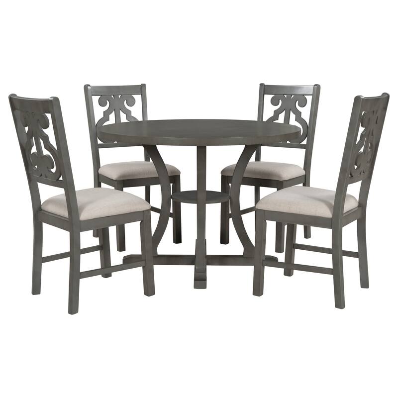 Gray 5-Piece Wooden Dining Table Set with Round Table, 4 Chairs & Shelf