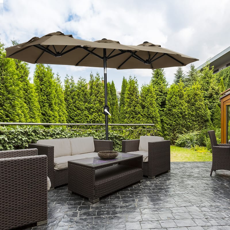 Double-sided Patio Umbrella 9.5' Large Outdoor Market Umbrella with Push Button Tilt and Crank,3 Air Vents and 12 Ribs