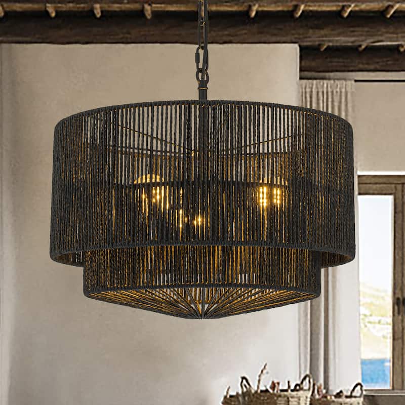 Armida 3-Light Rattan Rope Tiered Drum Pendant, Coastal Boho - Handwoven - 18" Wide - Black