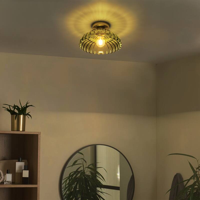 1-Light Vintage Brass Finish Metal Semi-Flush Mount Ceiling Light with Amber/Green/Grey/Clear Glass Shade for Kitchen, Hallway