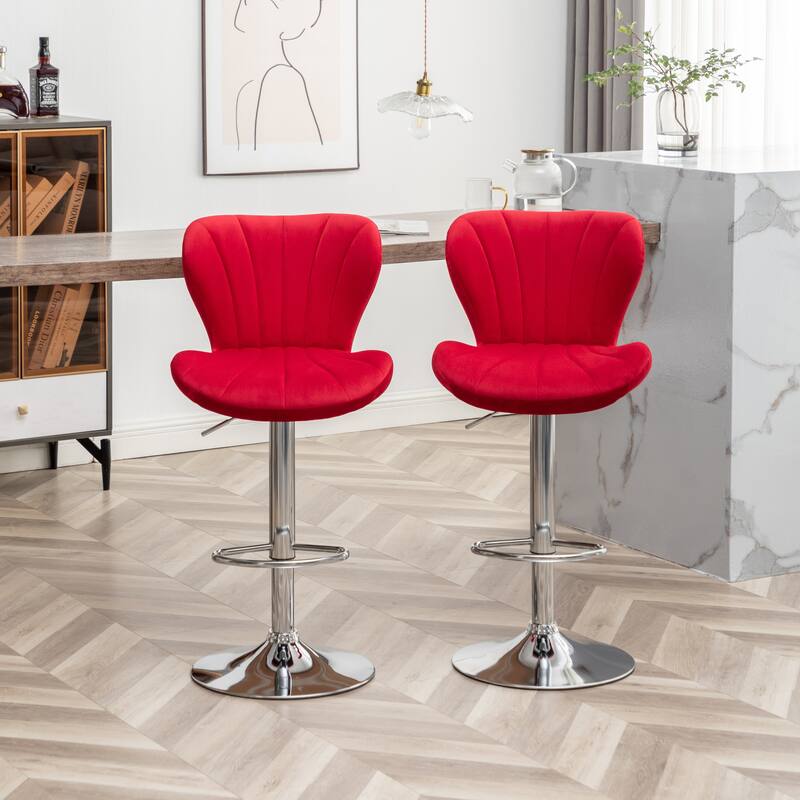 Set of 2 Adjustable Swivel Barstools with Upholstered Bucket Seats and Chrome Footrest.