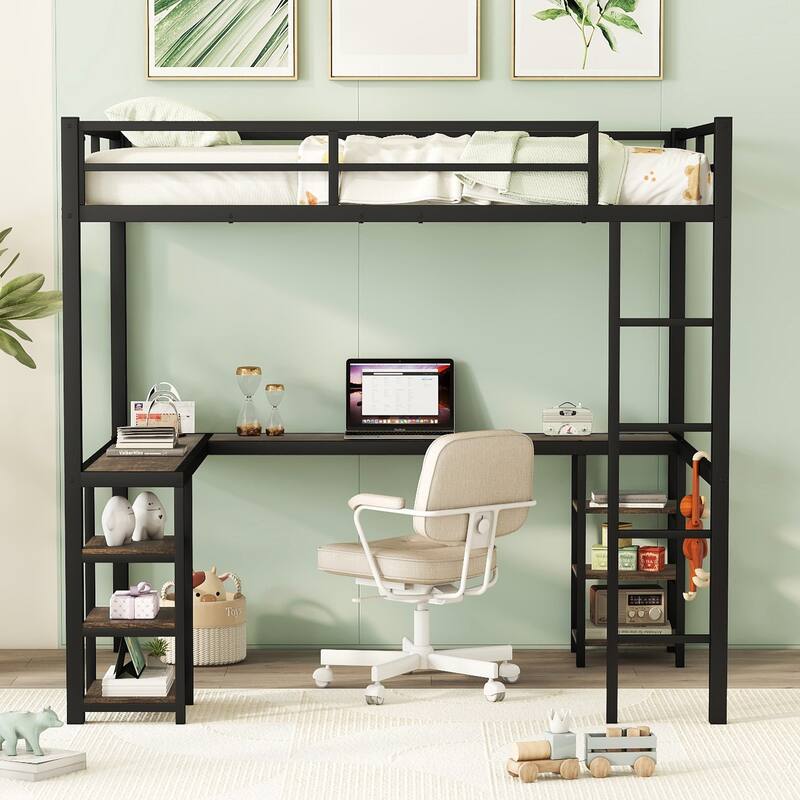 Full Metal Loft Bed with Built-in Desk and Shelves, Space-Saving Bed Frame with Ladder and Guardrails, Black