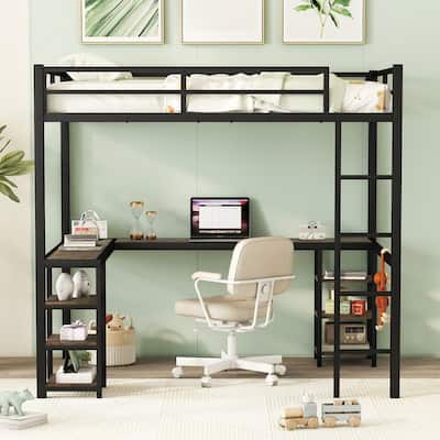 Metal Full Size Loft Bed with L Shaped Desk and Shelves, Sturdy Iron High Loftbed Frame with Ladder and Guardrails, Noise Free