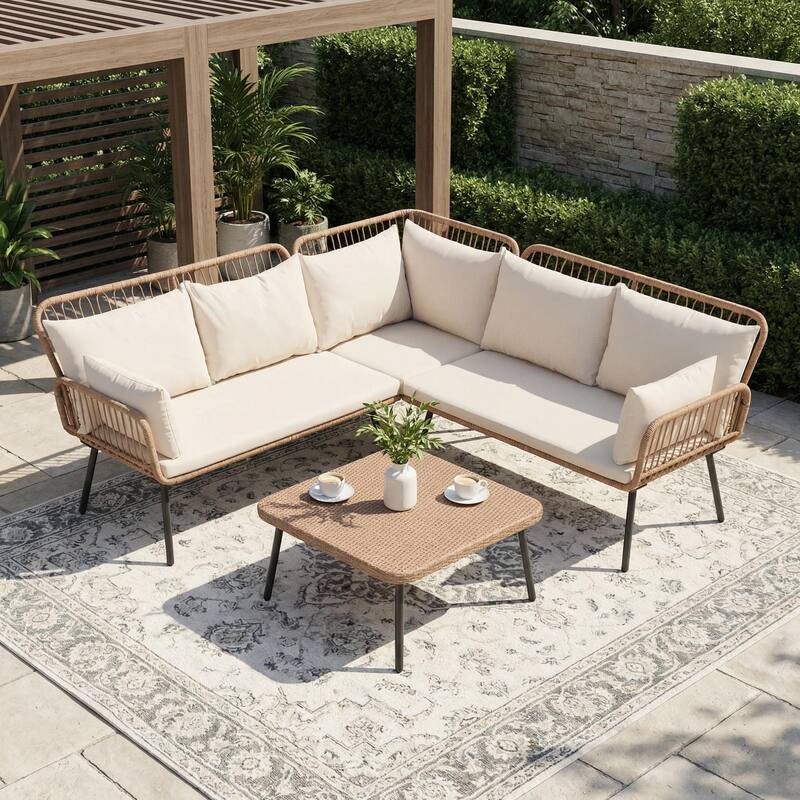 Outdoor Patio Furniture L-Shaped Corner Wicker Sofa Set with Coffee Table - Beige