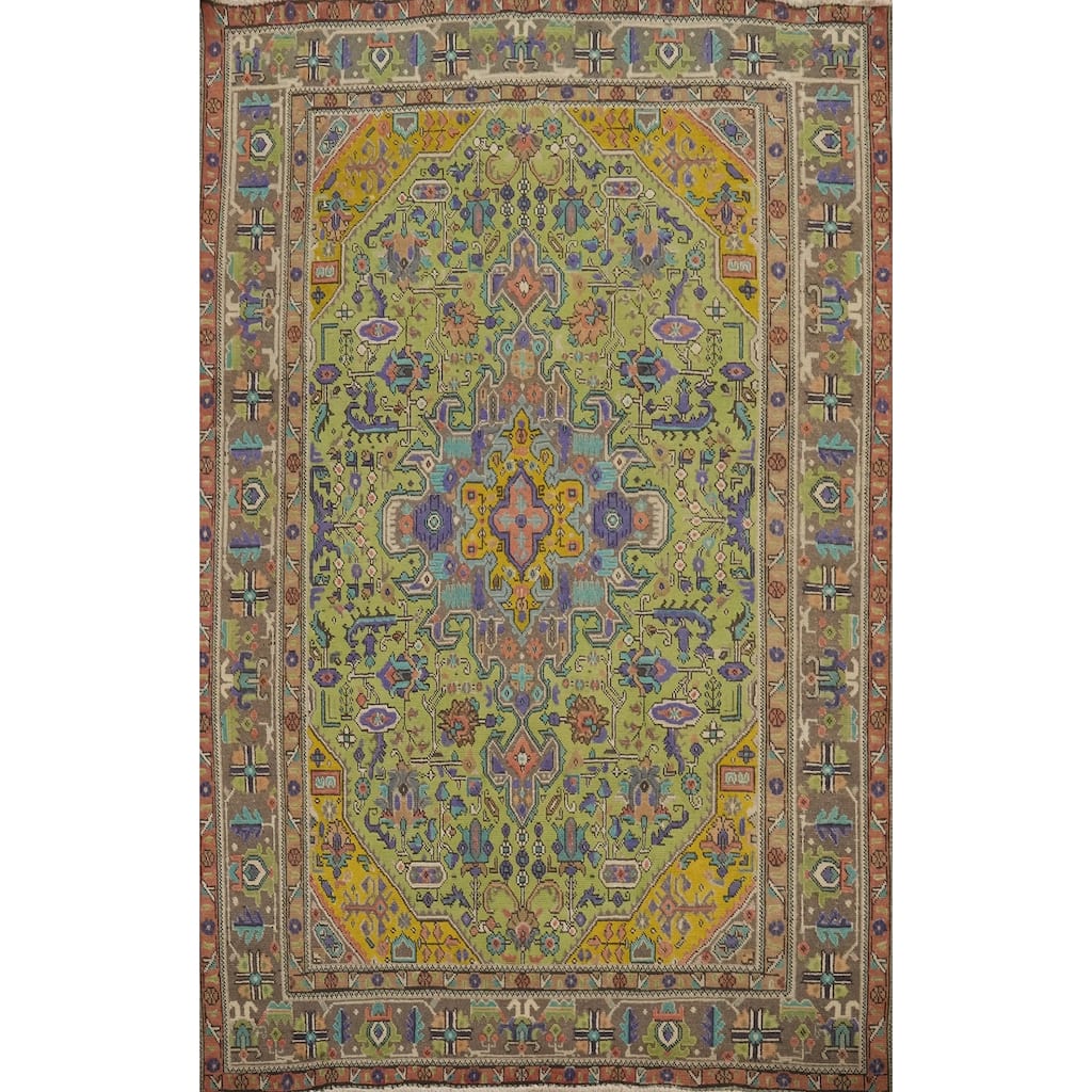Hand Knotted Oriental 100% Wool Carpet Traditional Medallion Green Tabriz Area Rug - 9' 2'' X 6' 5''